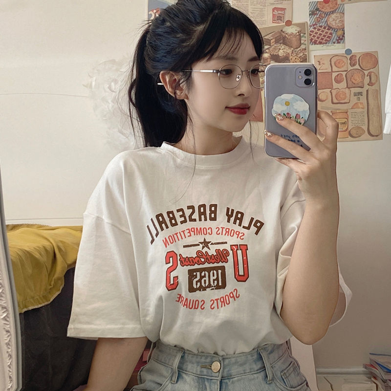 2023 Hong Kong style American letter printing loose short-sleeved T-shirt female 2023 summer new Korean style student top trend