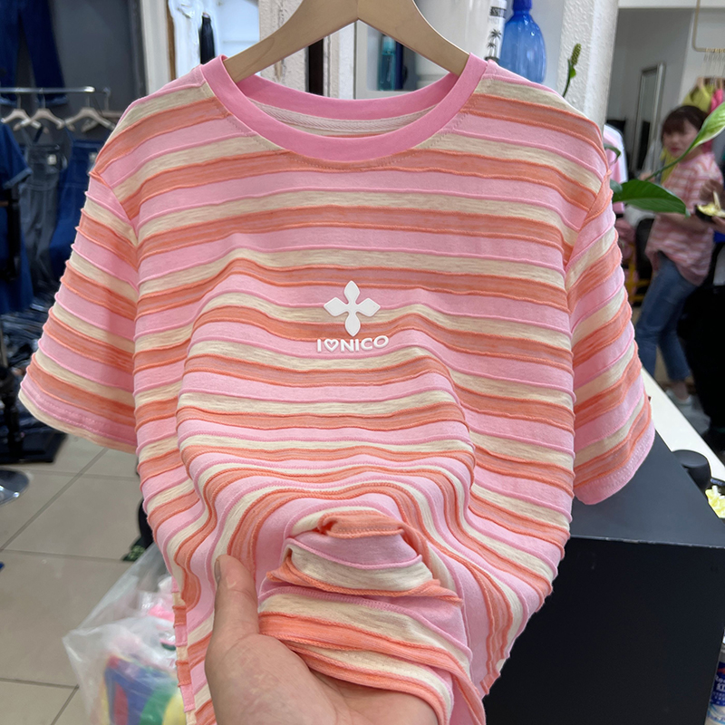 Official picture Douyin quality pure cotton short-sleeved t-shirt women's summer 2023 Korean version of round neck striped new top plus size women's clothing