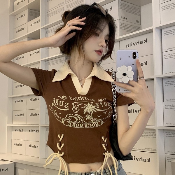 8305# Shipped 6535 pull frame cotton American retro polo collar printed top with waist straps to look thin