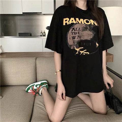 2023 summer new loose all-match BF retro pattern printing and dyeing casual tops