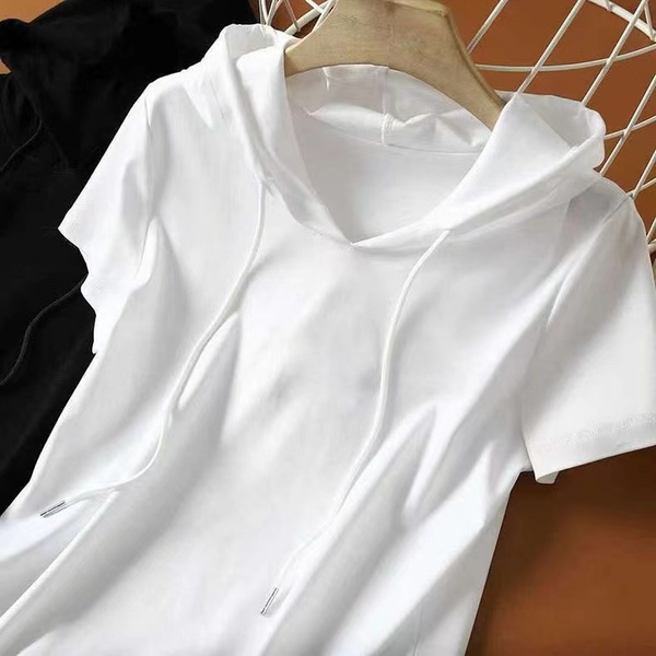 805# pure cotton hooded t-shirt women's summer age reduction and thin half-sleeved loose Korean style sweater women's fashion