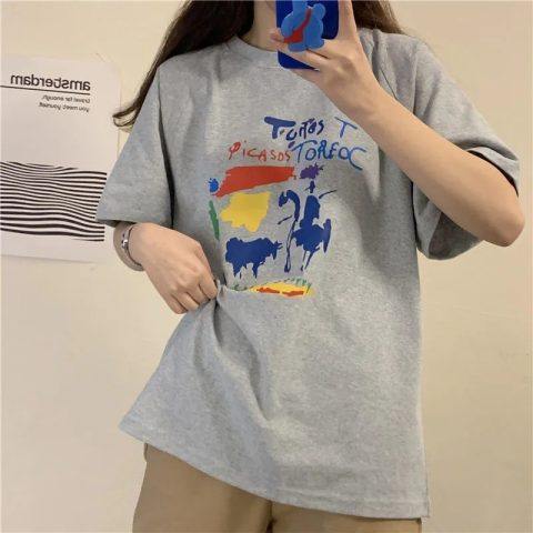 Japanese cartoon graffiti fun short-sleeved T-shirt female 2023 Korean version of the new Harajuku style loose top