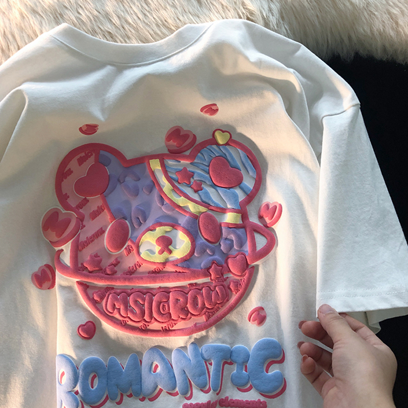 6535 cotton summer loose round neck top new short-sleeved t-shirt female foam printing