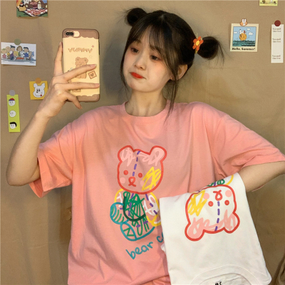 Summer Korean version of the new loose mid-length childlike cartoon bear age-reducing short-sleeved T-shirt top female student