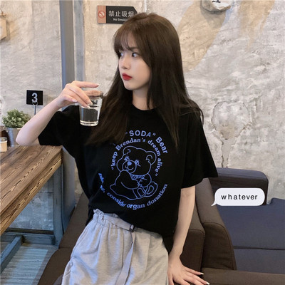 Summer Korean version of the new loose mid-length bear print net red ins super hot short-sleeved T-shirt top women's clothing