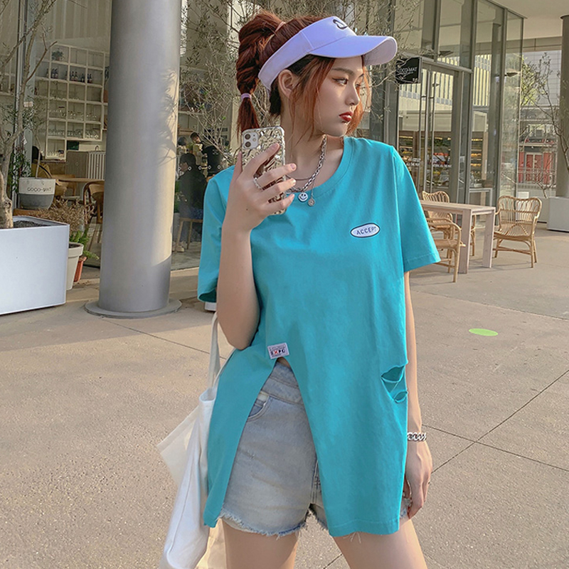 6535 cotton summer loose round neck top new short-sleeved t-shirt female print with holes and irregular splits