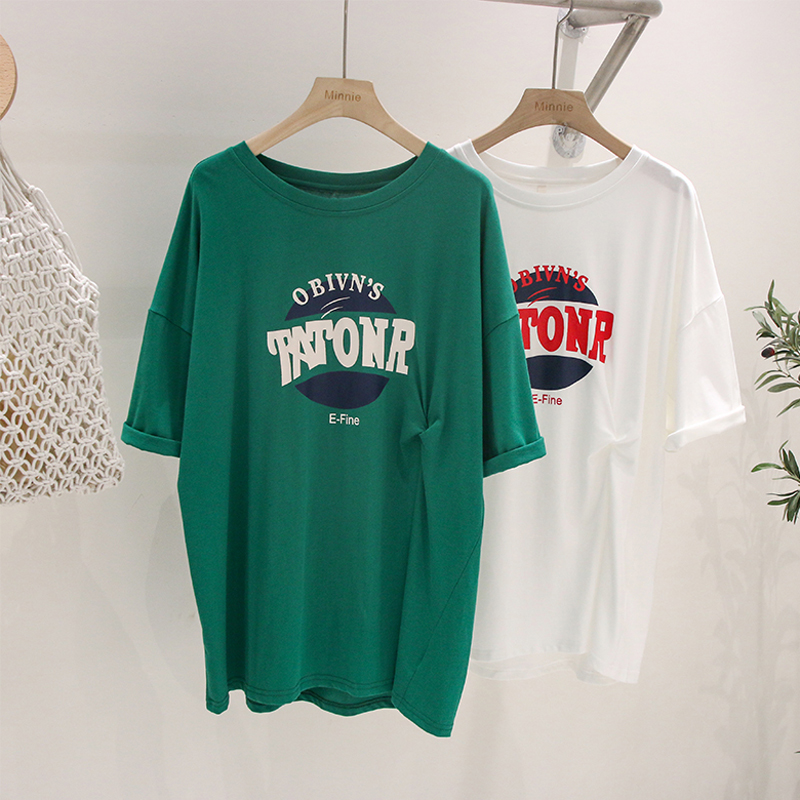 6535 cotton summer loose round neck top new short-sleeved t-shirt female print with irregular splits