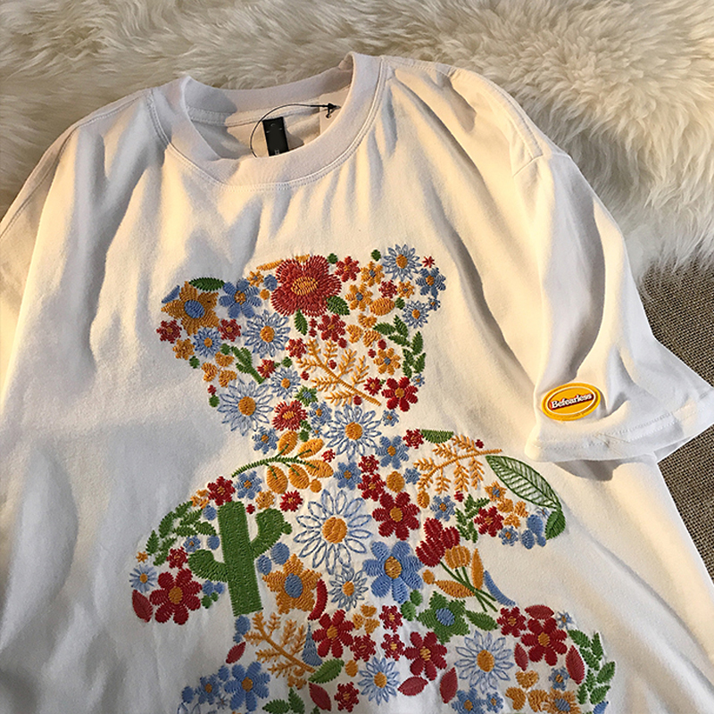 6535 cotton summer loose round neck top new short-sleeved t-shirt female embroidery