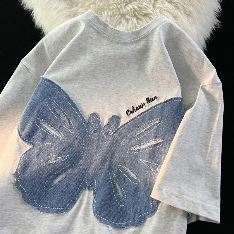 6535棉後包條 夏季寬鬆圓領上衣新款短袖t恤女貼布刺繡