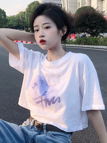 Short-sleeved t-shirt women's summer loose short high-waist top