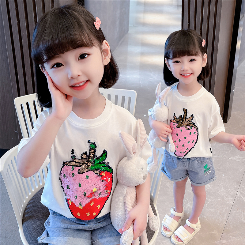 [two color beads] 100% cotton color changing strawberry Sequin T-shirt summer loose casual boys and girls
