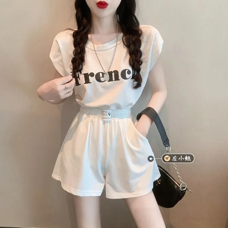 Fashion suit women's summer new open back short-sleeved T-shirt two-piece sports leisure slim wide-leg shorts