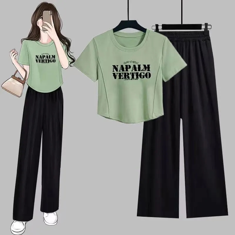 Summer new suit female hot girl looks thin and niche design short top + vertical wide-leg pants two-piece set