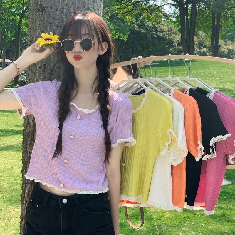 Purple knitted top women's short-sleeved summer new thin lace stitching short high waist cool air-conditioning shirt tide