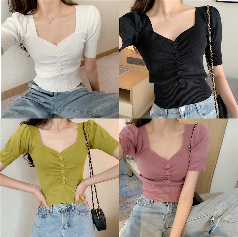 Summer new leaking collarbone sexy low-cut V-neck icy silk knitted inner bottoming shirt short-sleeved top T-shirt