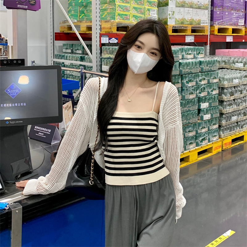 Chic knitted striped small camisole women's inner wear summer design feeling small crowd outer wear short hot girl small top