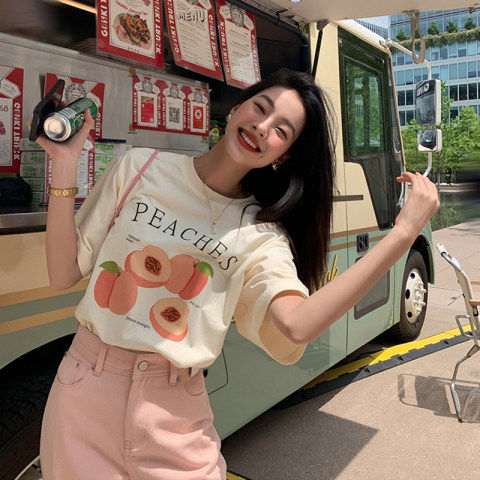 Zhang Zixuan CheriZ new casual printed T-shirt women's summer round neck loose shoulder short-sleeved top
