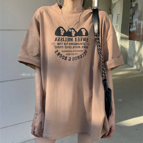New casual printed T-shirt women's summer round neck loose shoulder short-sleeved top