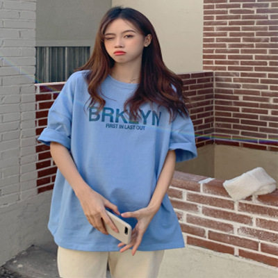 Summer Korean version of the new loose round neck chic inside with letter printing mid-length short-sleeved T-shirt top women