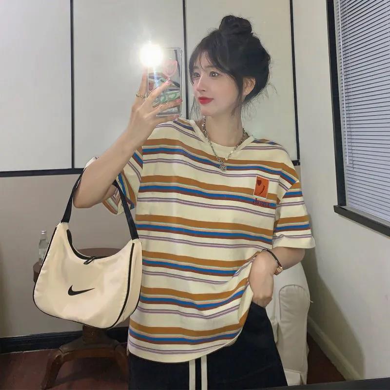 Official picture milk silk striped round neck short-sleeved T-shirt for women