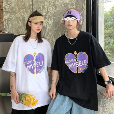 Patchwork love couple outfit t-shirt summer new trend loose mid-length short-sleeved printed top