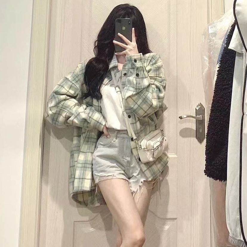 Official picture four-way stretch plaid shirt long-sleeved top women's outer wear