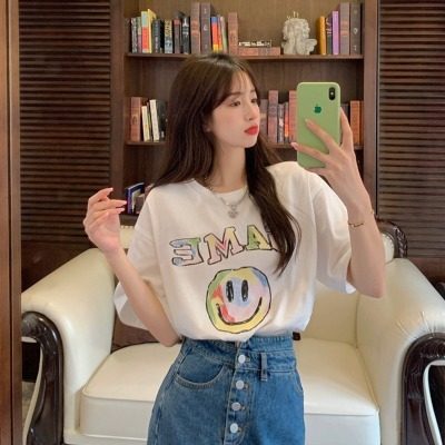 Short-sleeved t-shirt summer print vitality smile all-match white round neck casual commuting short-sleeved