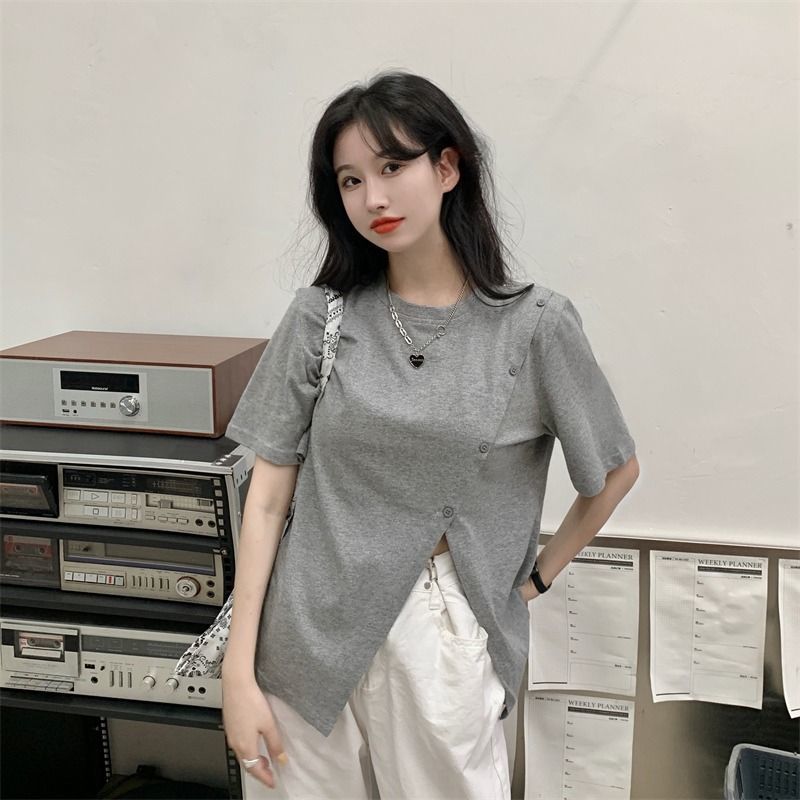 Official image net price women's slit short-sleeved T-shirt top