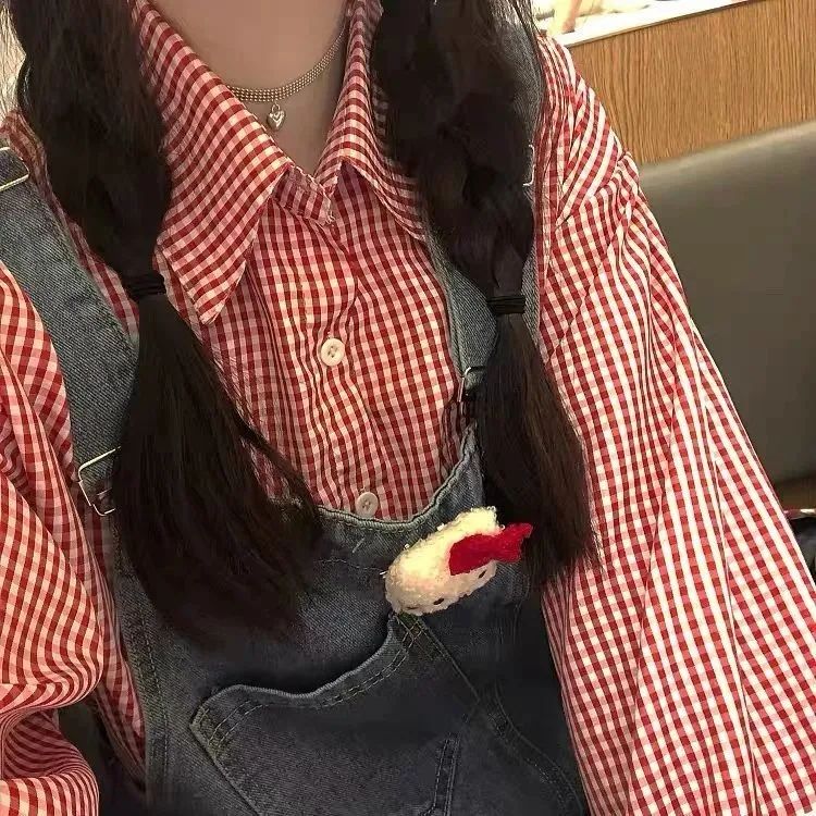 #官图实价 cool silk cotton POLO collar plaid shirt top female