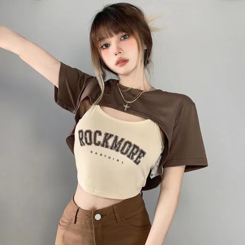 Threaded 220g street sling blouse two-piece set ins printing characteristic hollow stitching short-sleeved T-shirt