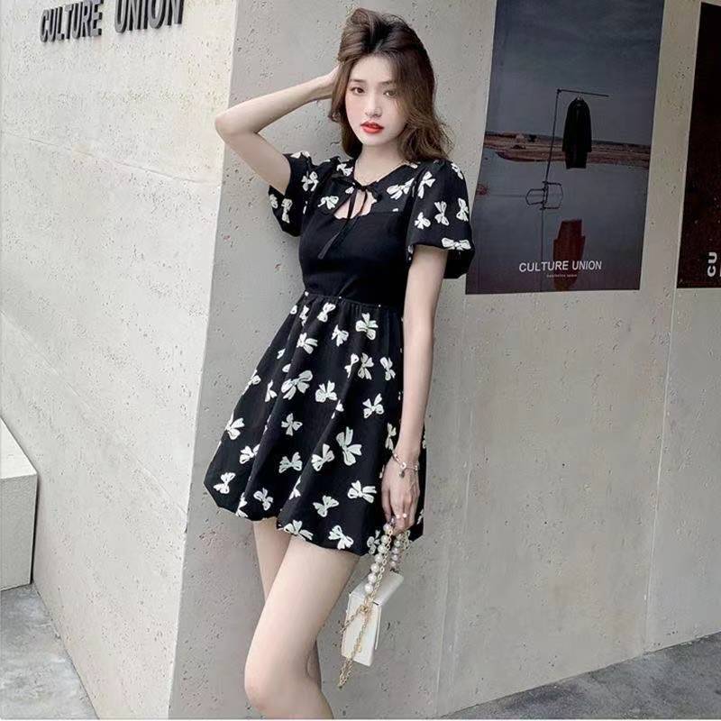 Chiffon double-layer girly bow-knot tutu skirt with scheming and gentle wind platycodon is thin and puff sleeve dress