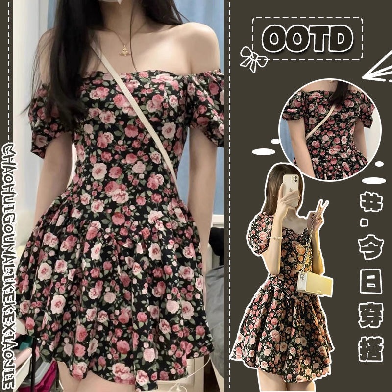 Chiffon Pure Desire Rose New Dark Floral Dress Square Neck Puff Sleeves Pure Desire Dress