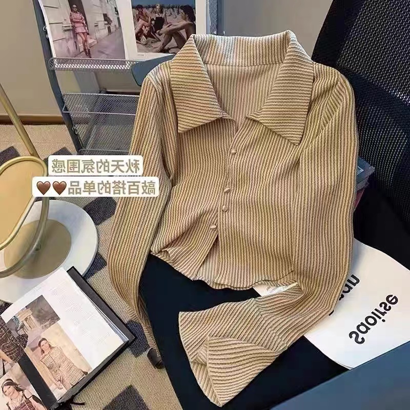 Official figure thread cloth autumn and winter new temperament striped POLO collar long-sleeved knitted cardigan short top