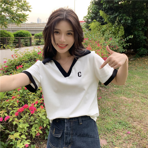 6535 pull frame official picture splicing POLO collar short-sleeved T-shirt summer all-match thin short top