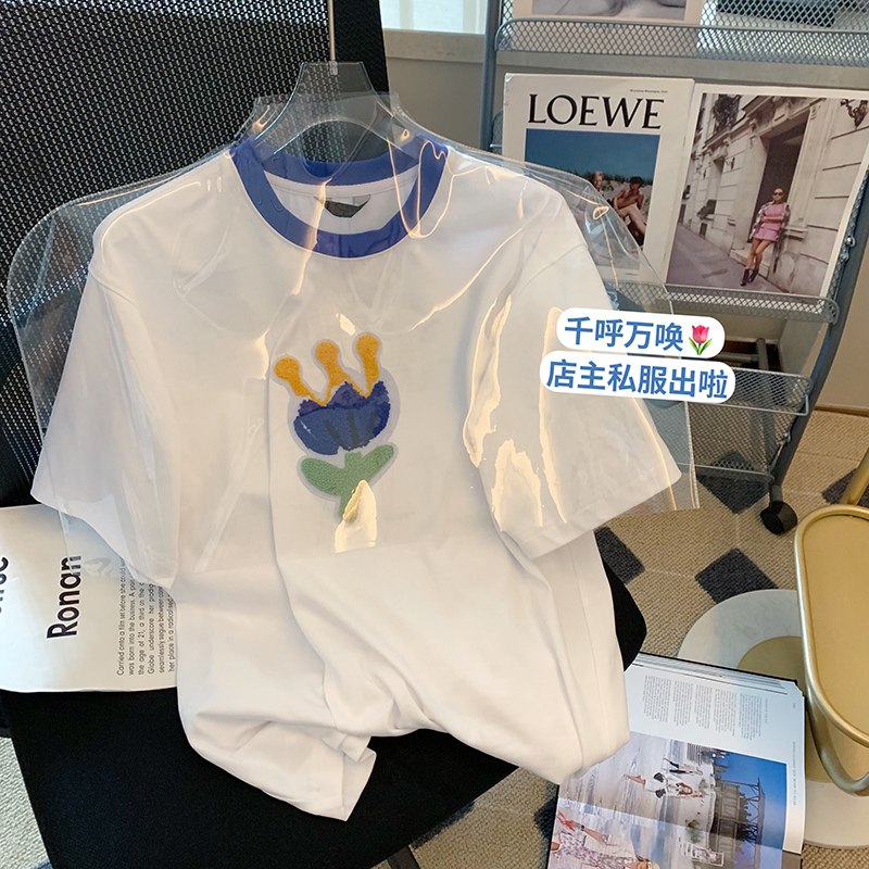 6535 cotton summer loose round neck top new short-sleeved t-shirt female towel embroidery