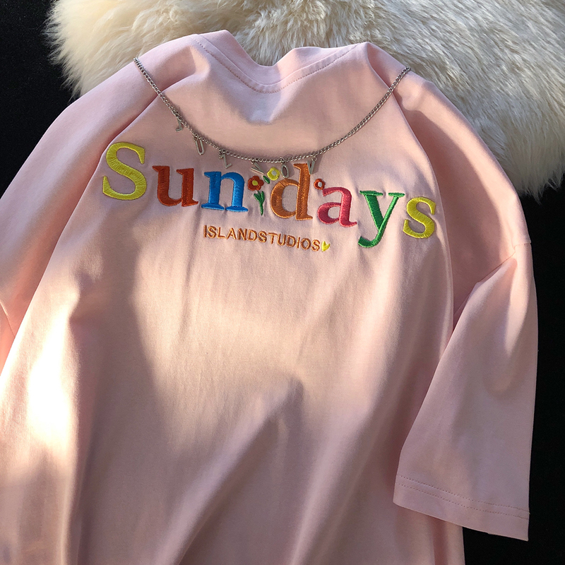 6535 cotton summer loose round neck top new short-sleeved t-shirt female embroidery letters + decorative chain