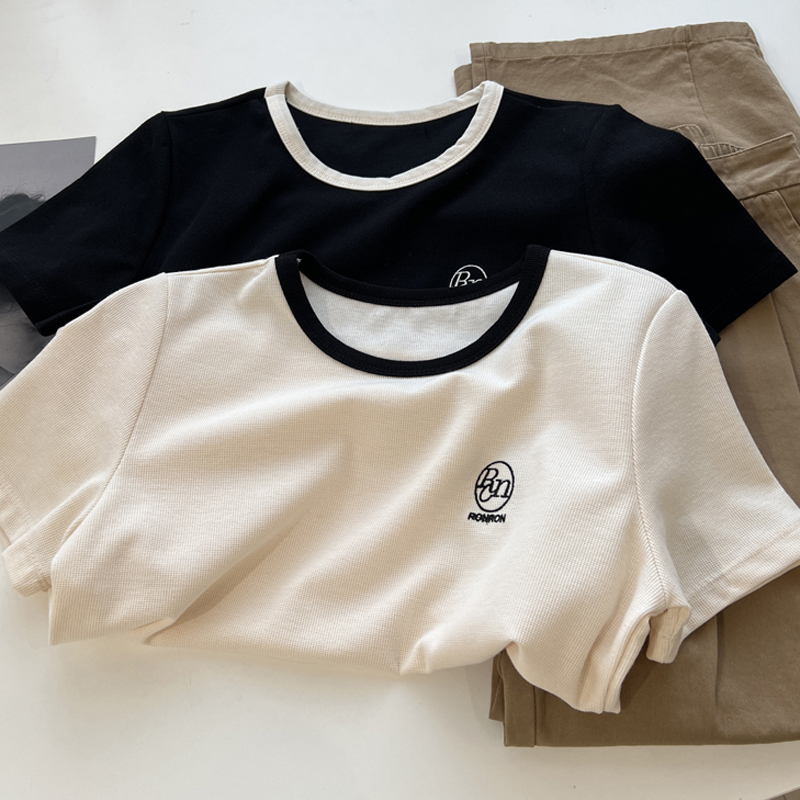 Back bag 6535 cotton waffle summer loose round neck top new short-sleeved t-shirt female embroidery
