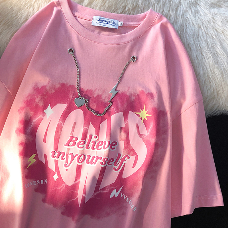 6535 cotton summer loose round neck top new short-sleeved t-shirt female foam print + decorative chain