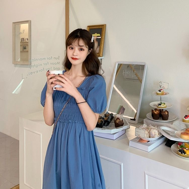 Gentle wind square collar collarbone bubble embroidered dress women's summer new French mid-length waist slimming A-line skirt
