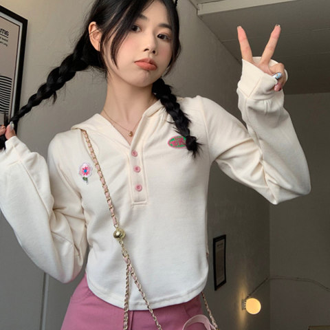 Official picture thin section apricot color long-sleeved hooded new design sense niche slim short top