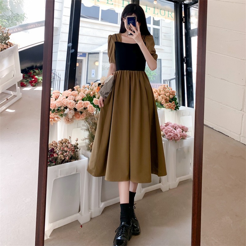 Hepburn style square collar short-sleeved dress Korean chic autumn new fashion splicing fake two-piece summer dress