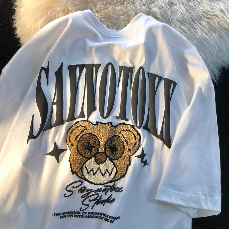 6535 cotton summer loose round neck top new short-sleeved t-shirt female foam printing + towel embroidery