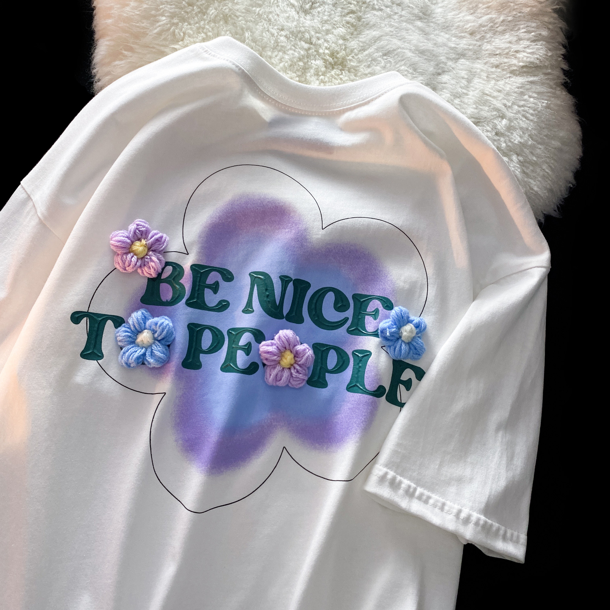 6535 cotton summer loose round neck top new short-sleeved t-shirt female print + decorative flowers