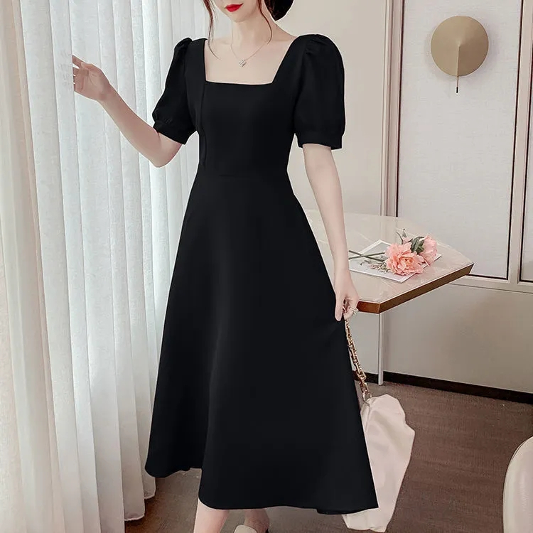 French retro square collar red dress women's summer new year waist slimming temperament over-the-knee long skirt women