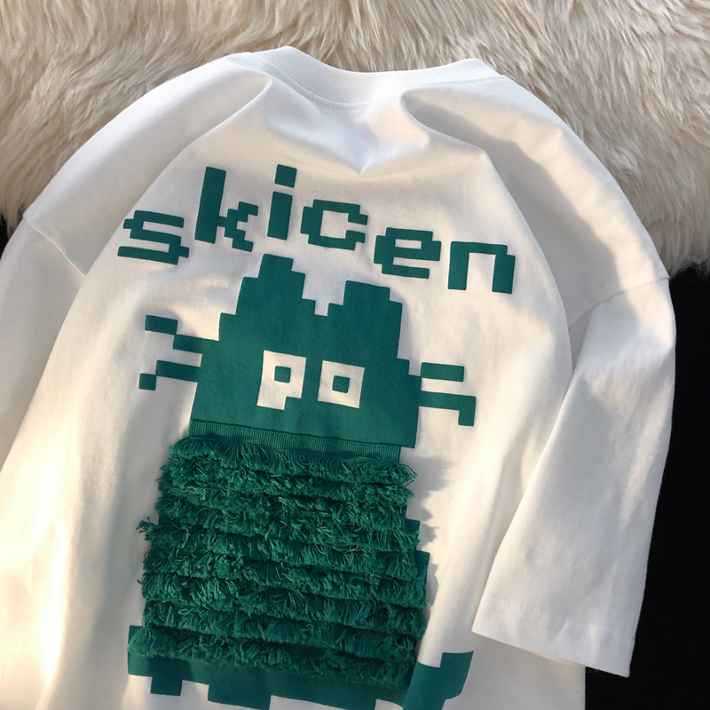 6535 cotton summer loose round neck top new short-sleeved t-shirt female print + towel embroidery