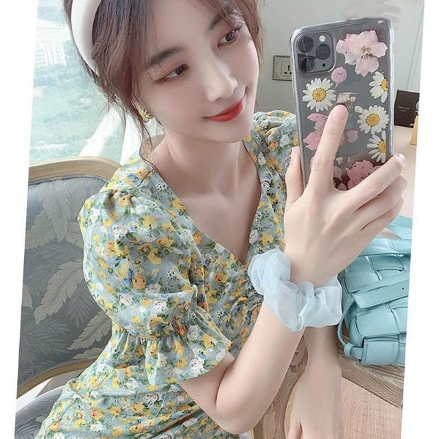 French platycodon first love skirt female summer new slit long skirt retro puff sleeve floral dress