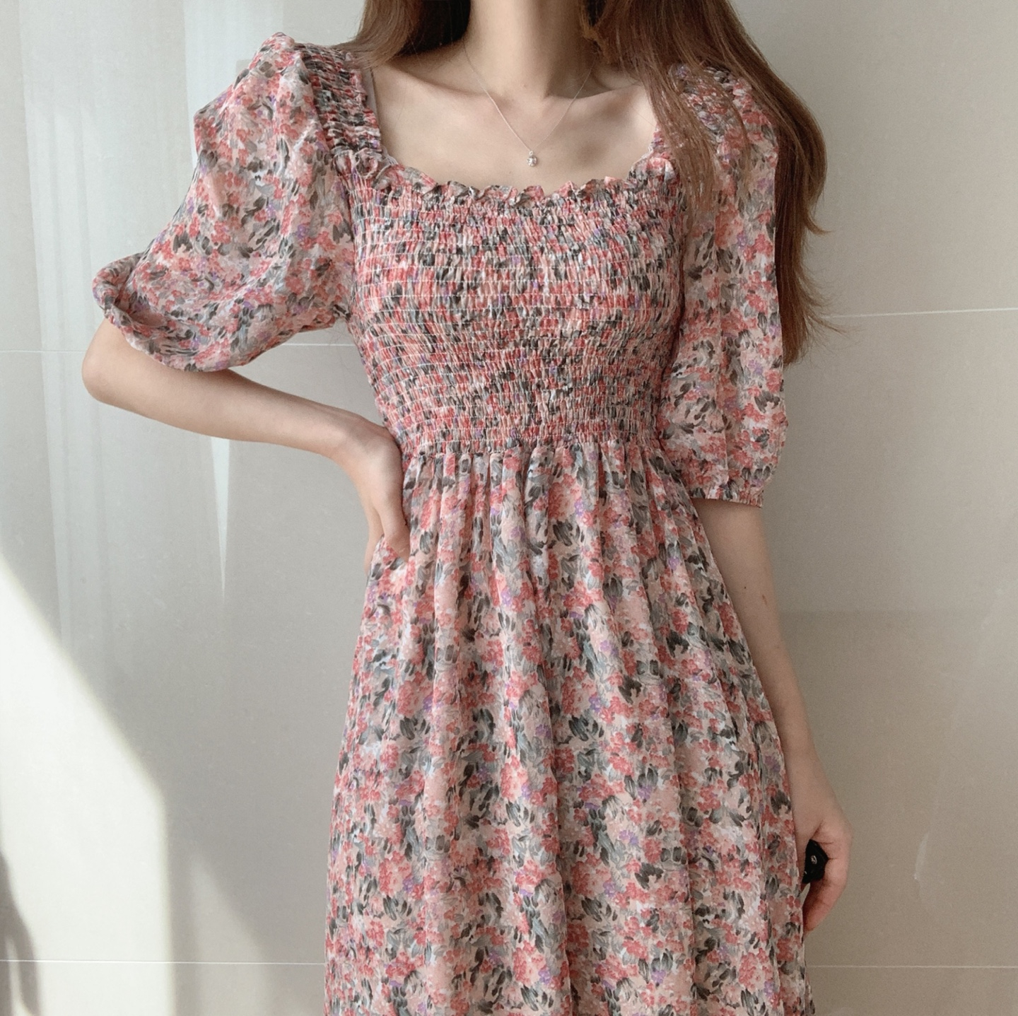 Chiffon long skirt super fairy forest French retro square collar puff sleeve floral dress female summer
