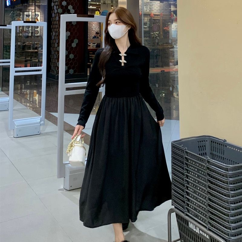 Plus size women's new Chinese style national tide autumn dress black temperament waist slimming high-end skirt