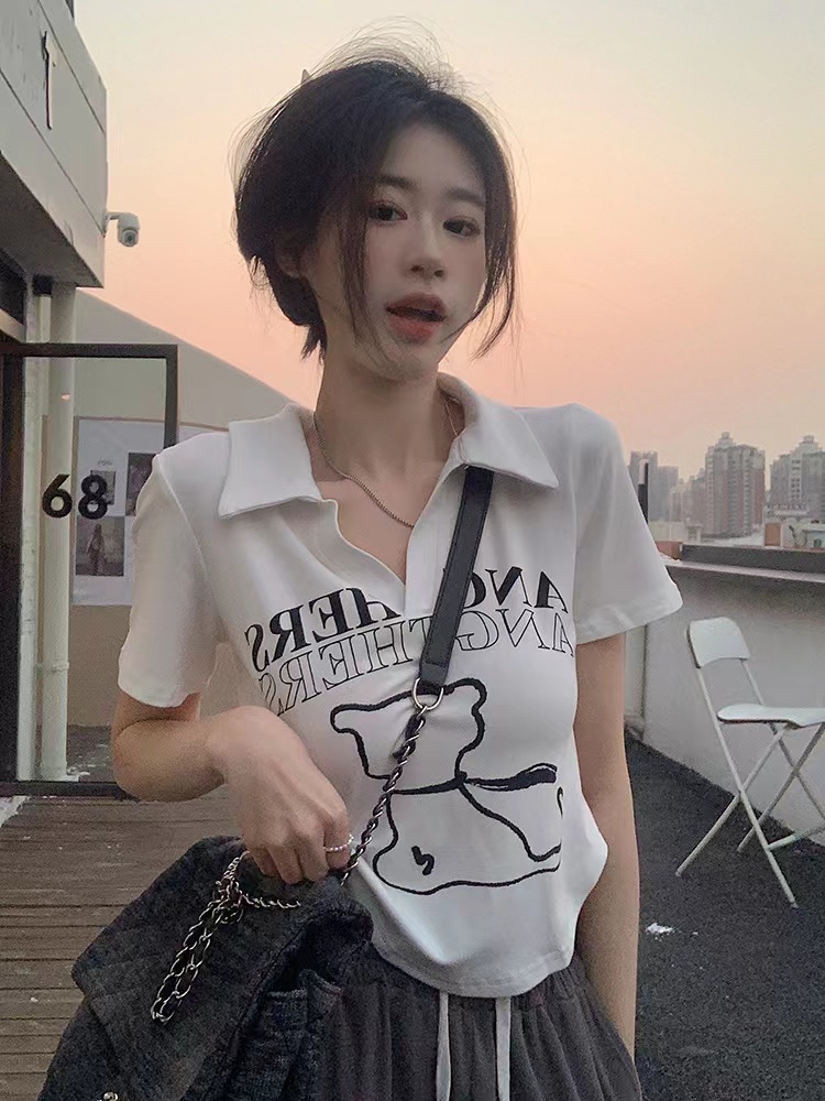Ice silk thread small lapel pure desire front shoulder short-sleeved T-shirt summer new hot girl slim short top female