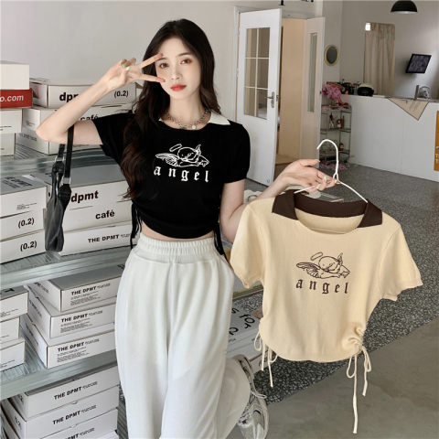 Official picture / 65 pull frame cotton / tie polo collar top short section waist short-sleeved T-shirt female